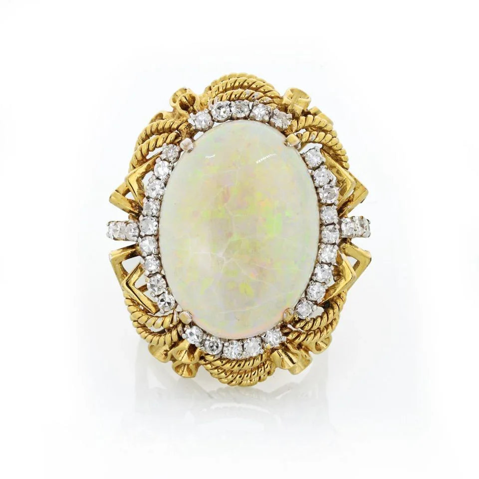 14K Yellow Gold Oval Cabochon Opal & Diamond Ring - The Back Vault