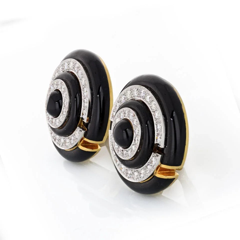 David Webb Black Enamel And Diamond Round Clip-On Earrings - The Back Vault