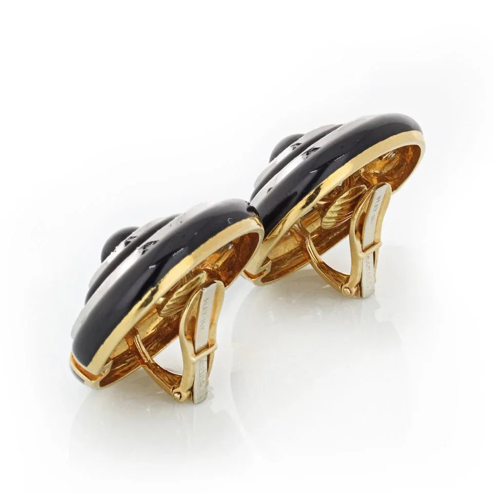 David Webb Black Enamel And Diamond Round Clip-On Earrings - The Back Vault