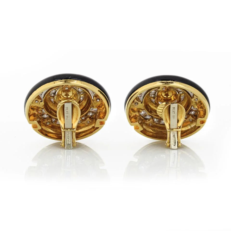 David Webb Black Enamel And Diamond Round Clip-On Earrings - The Back Vault