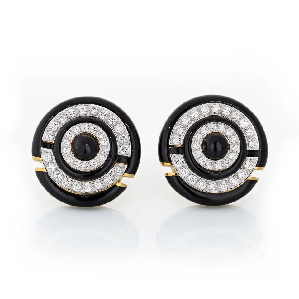 David Webb Black Enamel And Diamond Round Clip-On Earrings - The Back Vault