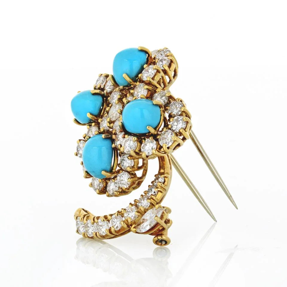 18K Yellow Gold Turquoise And Diamond Flower Brooch - The Back Vault