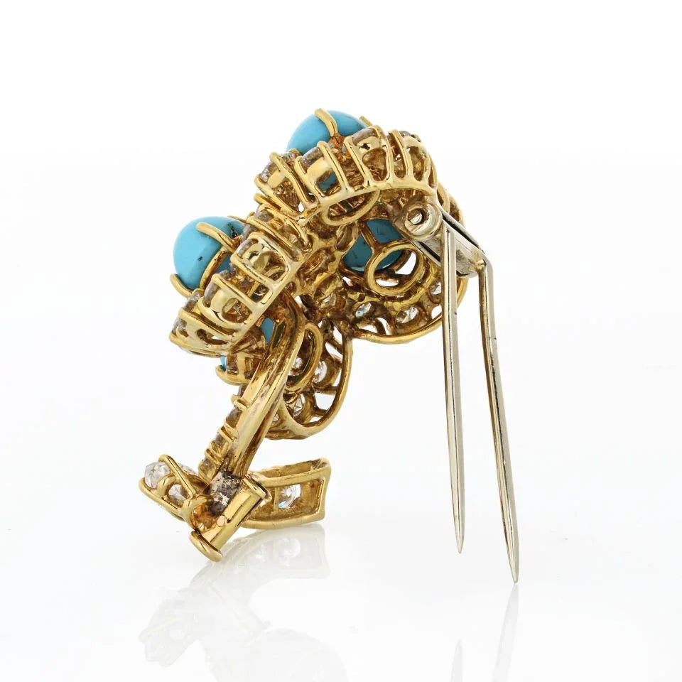 18K Yellow Gold Turquoise And Diamond Flower Brooch - The Back Vault