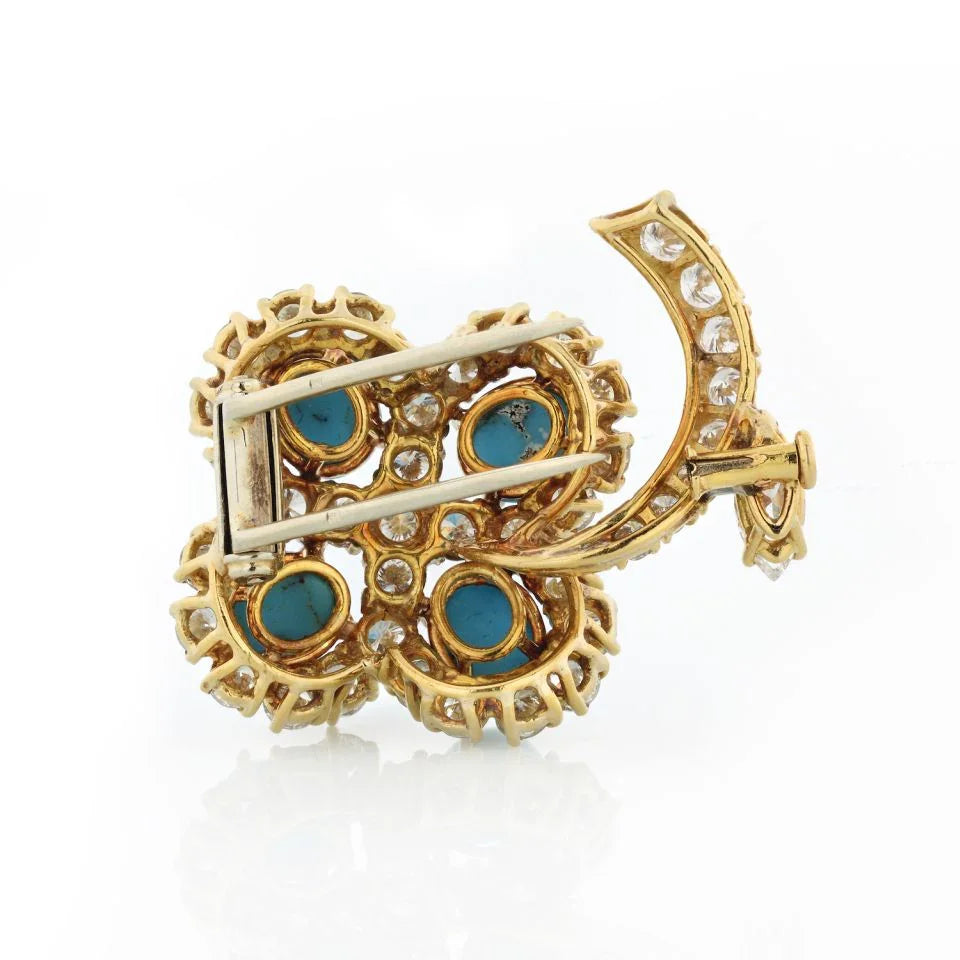 18K Yellow Gold Turquoise And Diamond Flower Brooch - The Back Vault