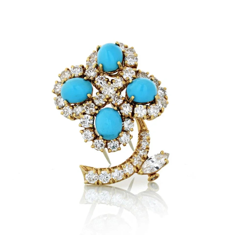 18K Yellow Gold Turquoise And Diamond Flower Brooch - The Back Vault