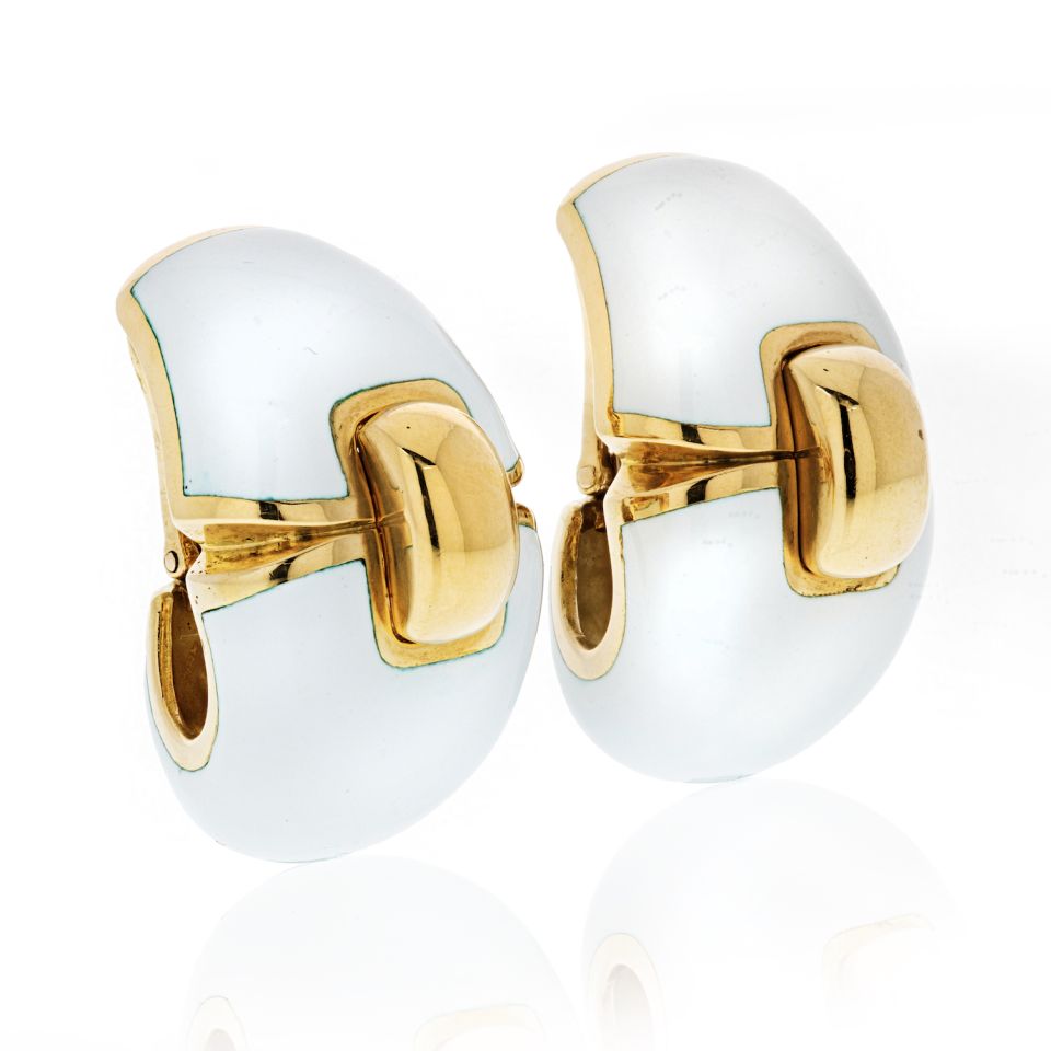 David Webb White Enamel Platinum & 18K Yellow Gold Clip-On Earrings
