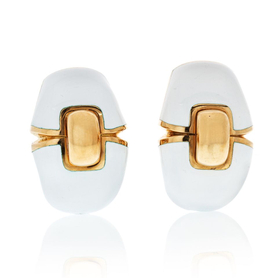 David Webb White Enamel Platinum & 18K Yellow Gold Clip-On Earrings