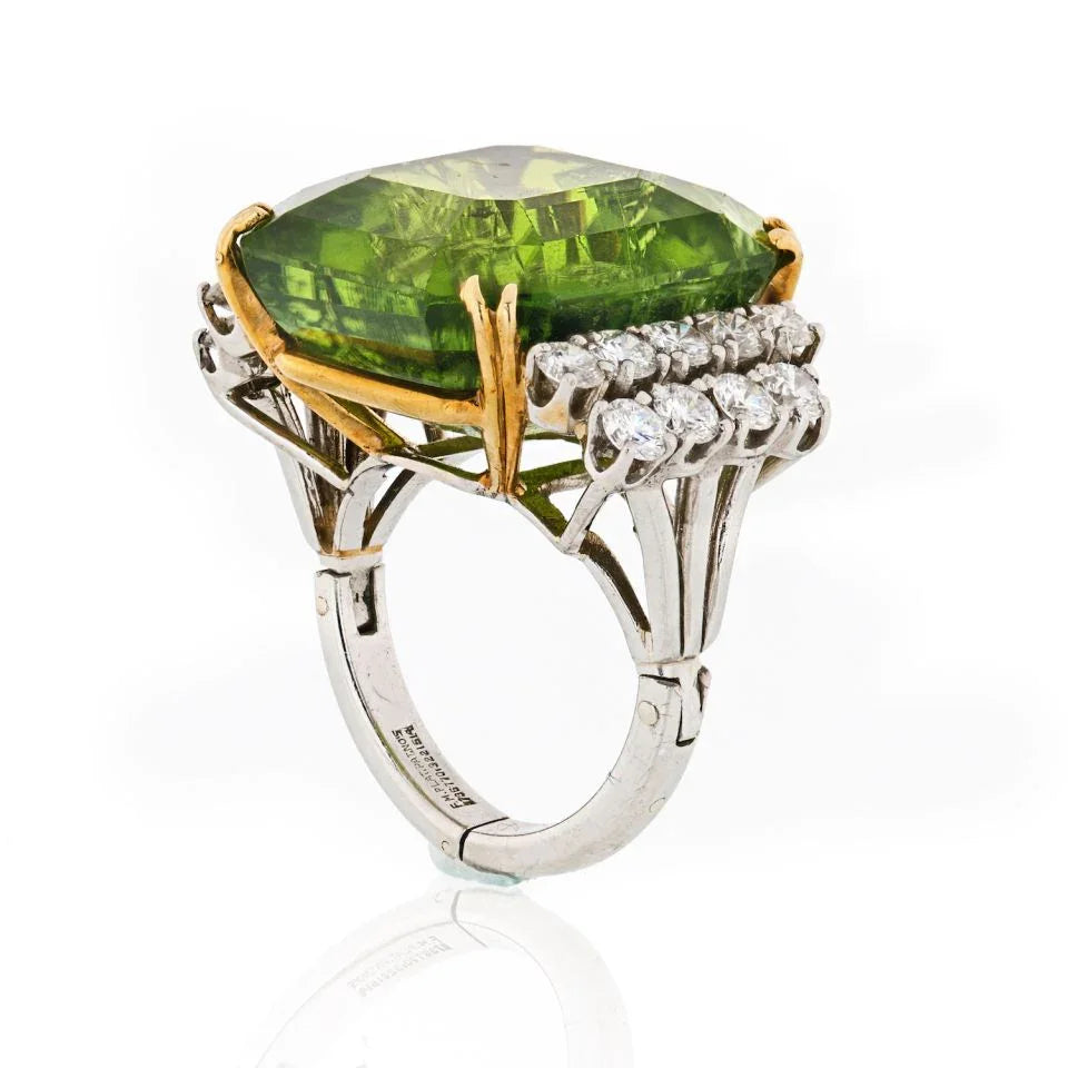 Platinum & 18K Yellow Gold 45 Carat Large Peridot Diamond Ring - The Back Vault