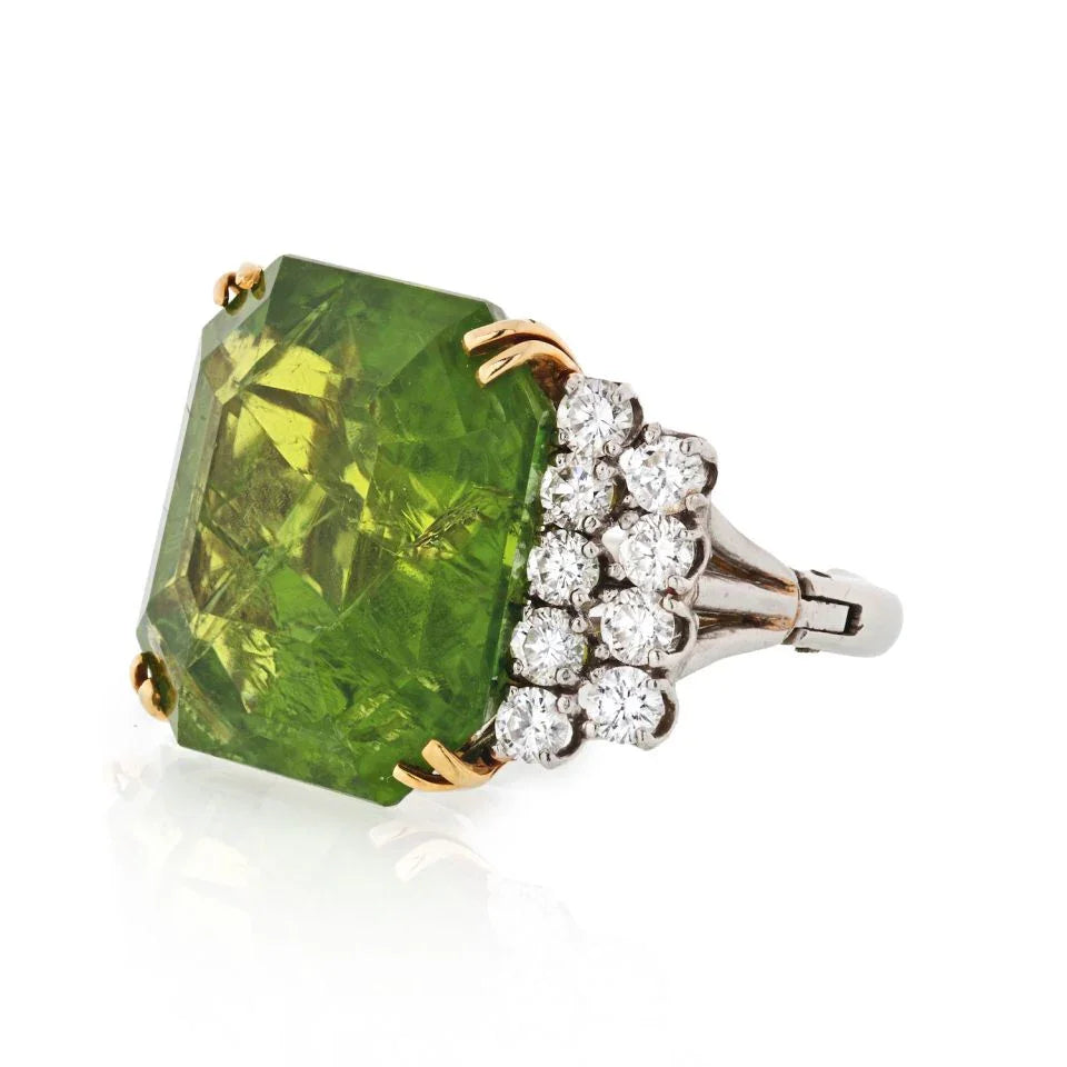 Platinum & 18K Yellow Gold 45 Carat Large Peridot Diamond Ring - The Back Vault