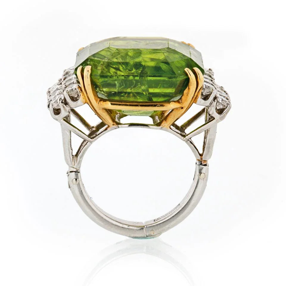 Platinum & 18K Yellow Gold 45 Carat Large Peridot Diamond Ring - The Back Vault