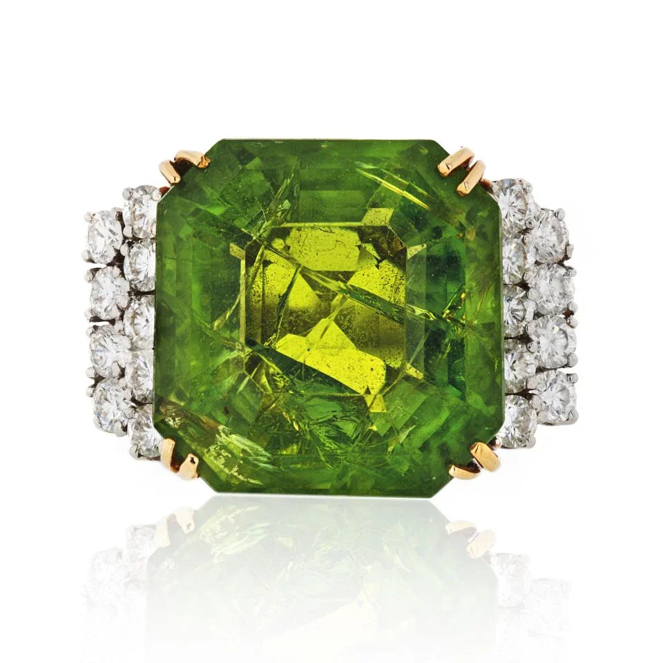 Platinum & 18K Yellow Gold 45 Carat Large Peridot Diamond Ring - The Back Vault