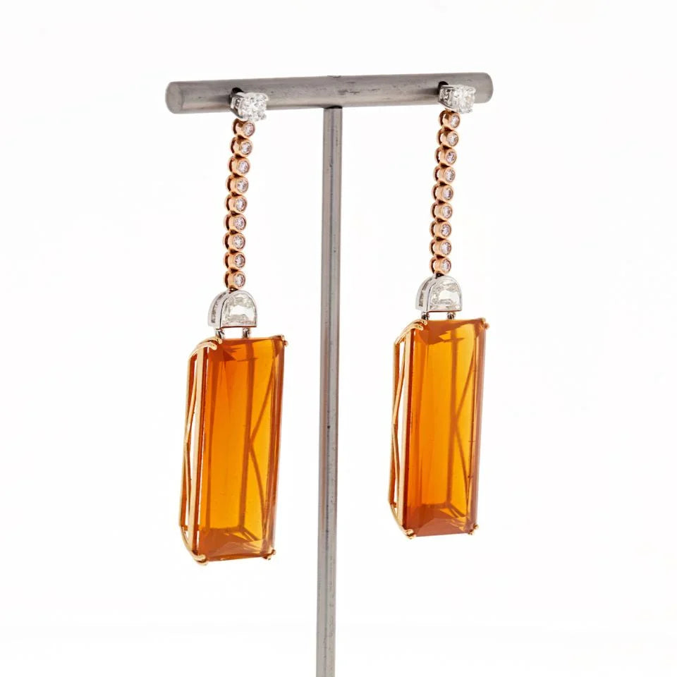 Platinum & 18K Yellow Gold Amber And Diamond Drop Dangle Earrings - The Back Vault