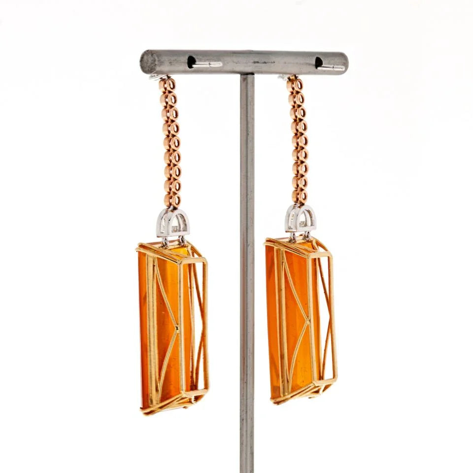 Platinum & 18K Yellow Gold Amber And Diamond Drop Dangle Earrings - The Back Vault