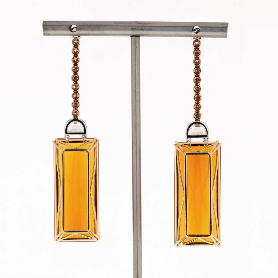 Platinum & 18K Yellow Gold Amber And Diamond Drop Dangle Earrings - The Back Vault