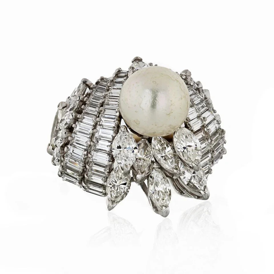 1950's Platinum Diamond Pearl Large Cluster 10.00 Carat Ring - The Back Vault
