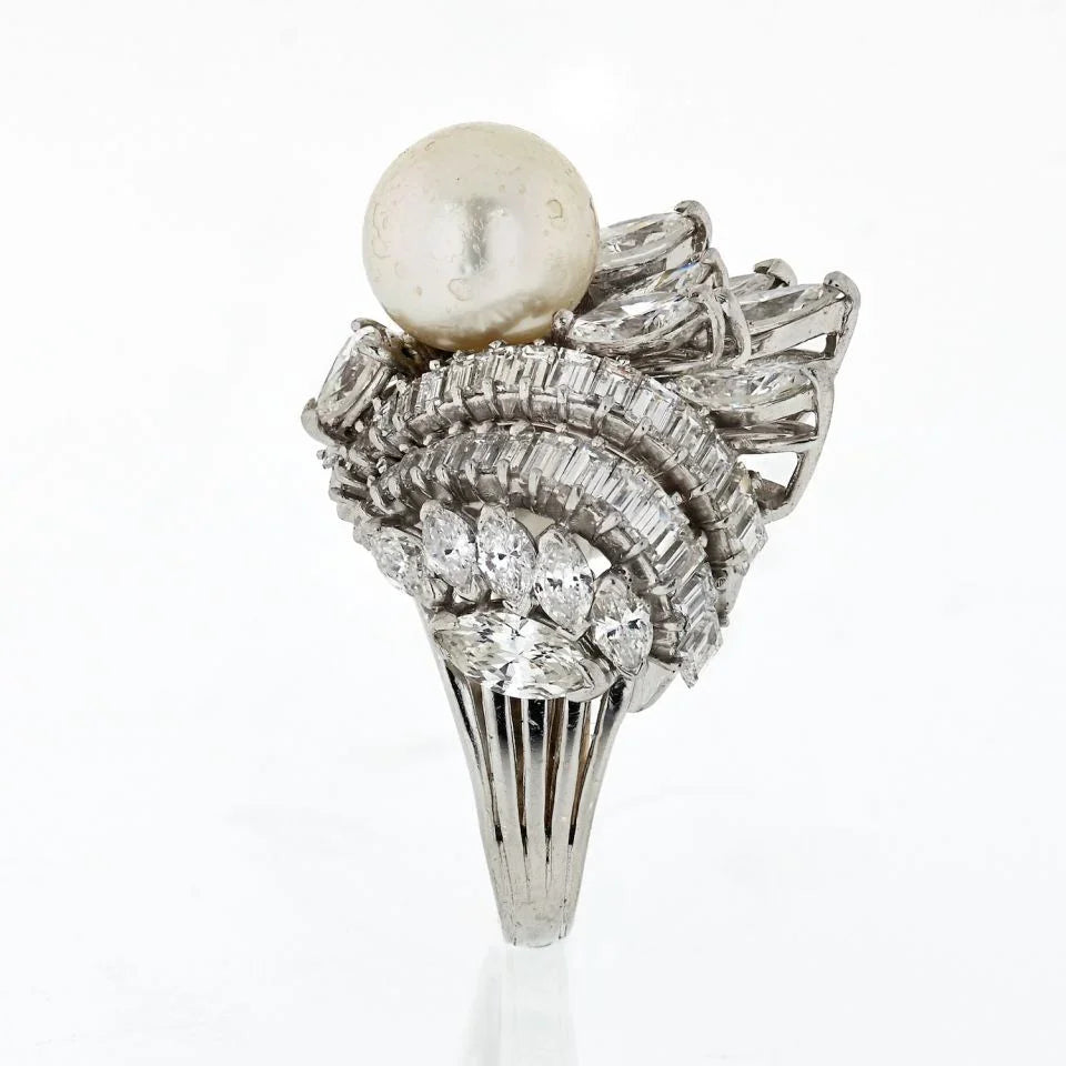1950's Platinum Diamond Pearl Large Cluster 10.00 Carat Ring - The Back Vault