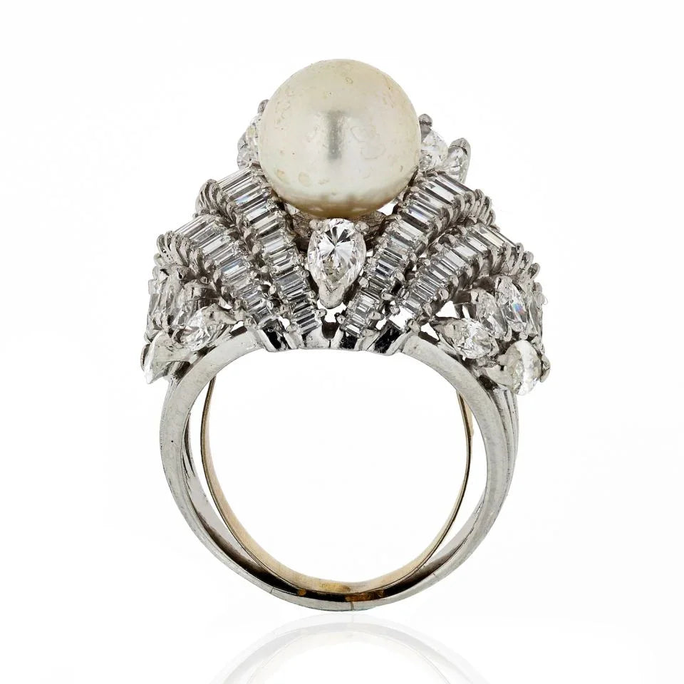 1950's Platinum Diamond Pearl Large Cluster 10.00 Carat Ring - The Back Vault