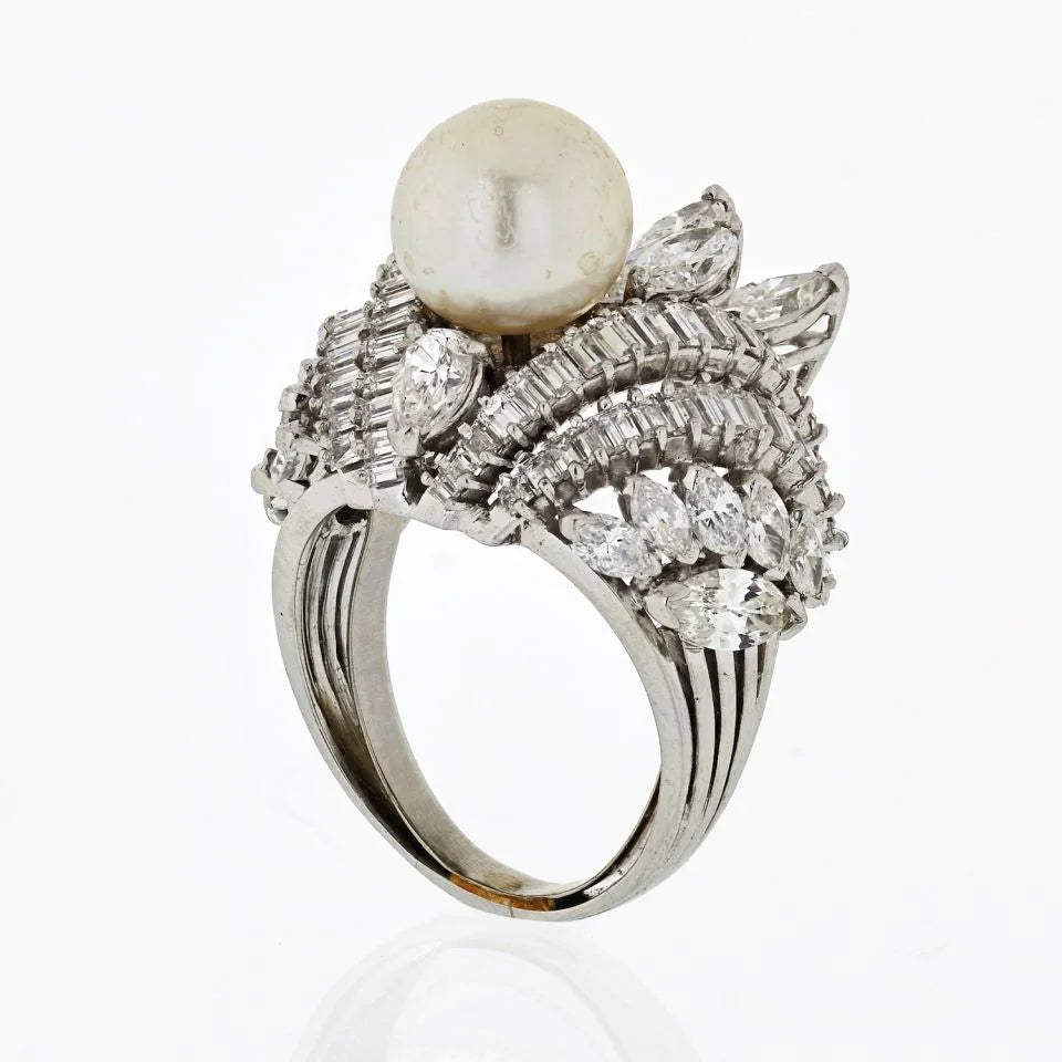 1950's Platinum Diamond Pearl Large Cluster 10.00 Carat Ring - The Back Vault