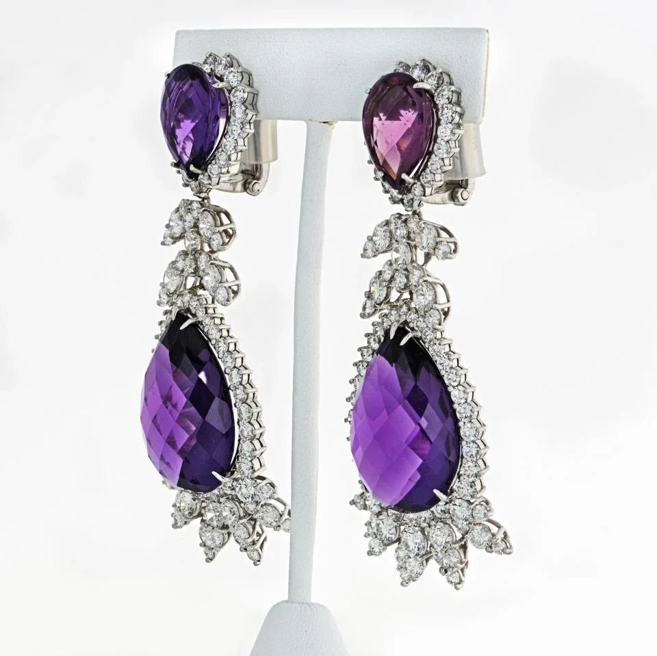 Amethyst 18K White Gold 16.00cts Diamond Drop Earrings - The Back Vault