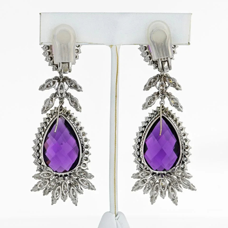 Amethyst 18K White Gold 16.00cts Diamond Drop Earrings - The Back Vault