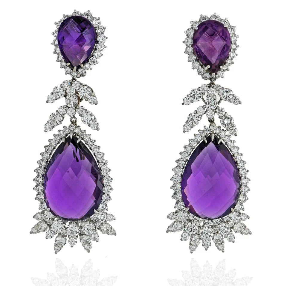 Amethyst 18K White Gold 16.00cts Diamond Drop Earrings - The Back Vault