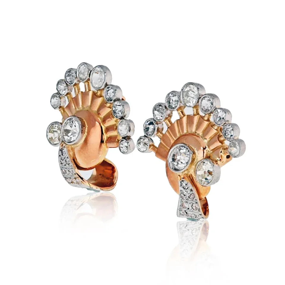 1940's Platinum & 18K Yellow Gold Retro Fan Style Old Cut Diamond Earrings - The Back Vault
