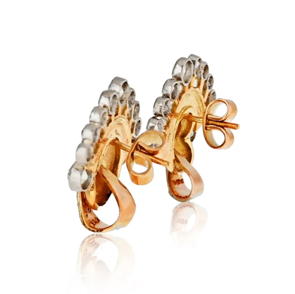 1940's Platinum & 18K Yellow Gold Retro Fan Style Old Cut Diamond Earrings - The Back Vault