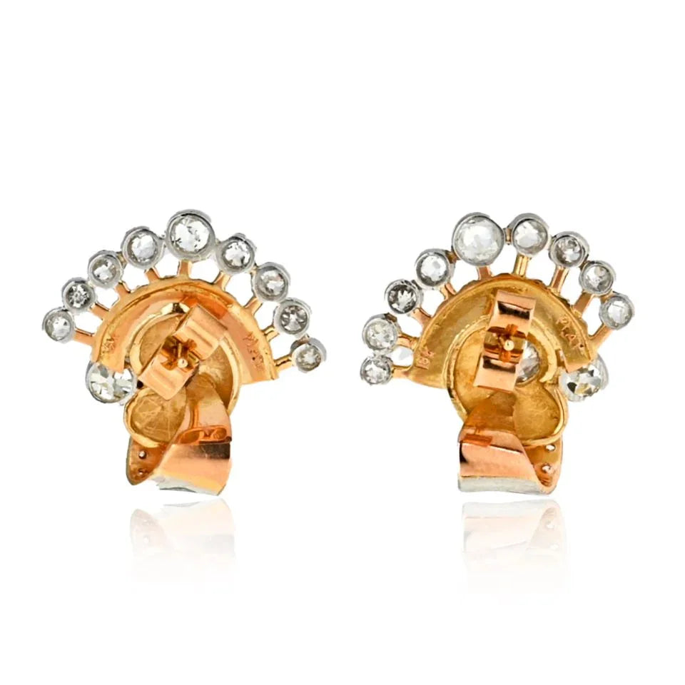 1940's Platinum & 18K Yellow Gold Retro Fan Style Old Cut Diamond Earrings - The Back Vault
