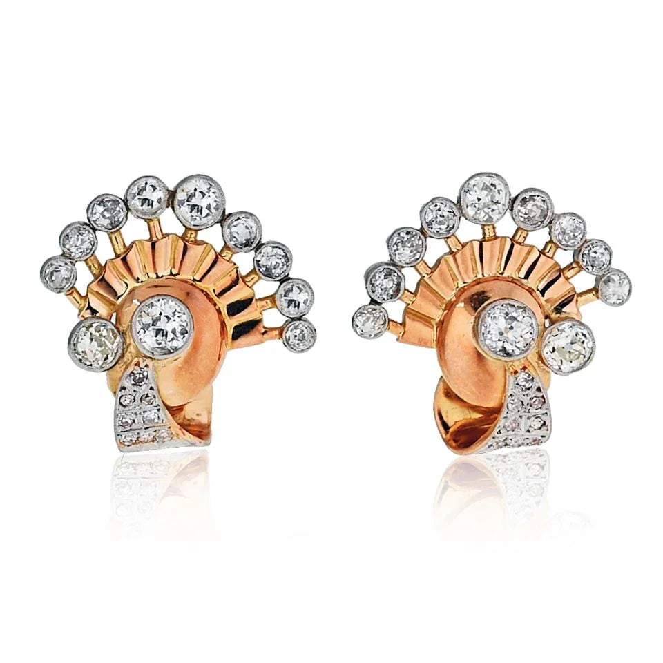 1940's Platinum & 18K Yellow Gold Retro Fan Style Old Cut Diamond Earrings - The Back Vault