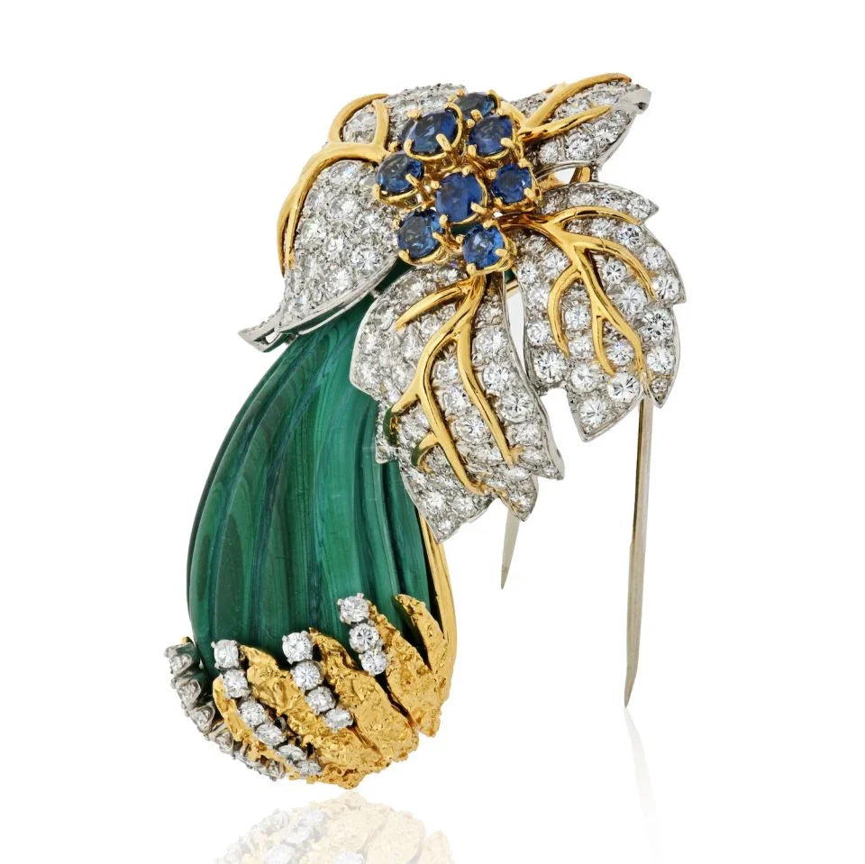 1970's 18K Yellow Gold 15 carat Diamond & Sapphire Mushroom Brooch - The Back Vault