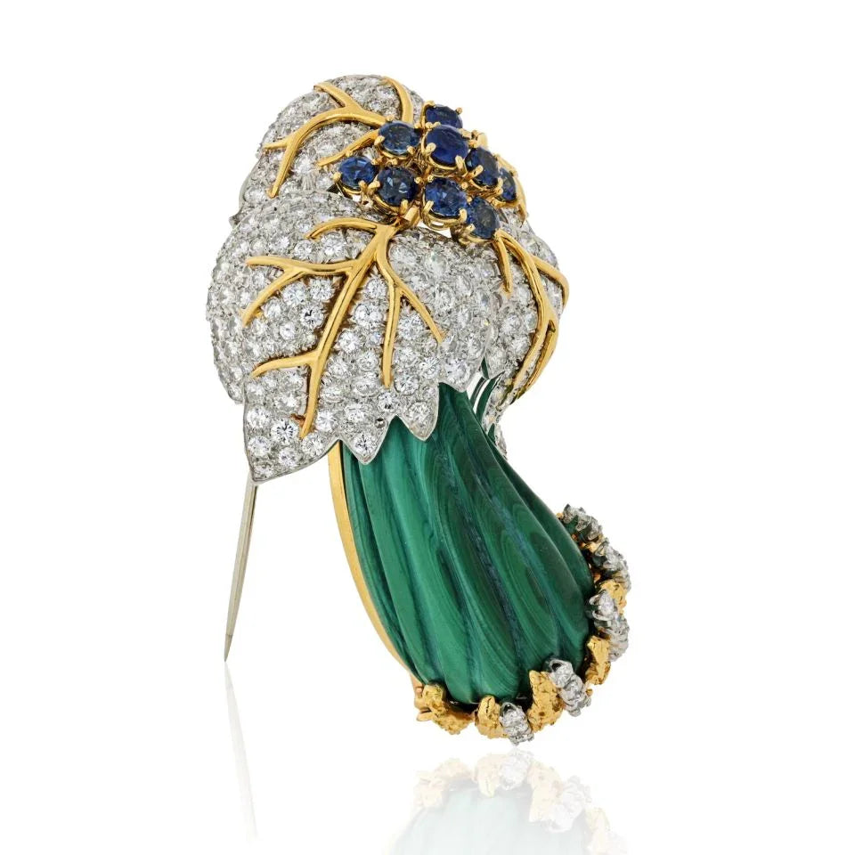 1970's 18K Yellow Gold 15 carat Diamond & Sapphire Mushroom Brooch - The Back Vault