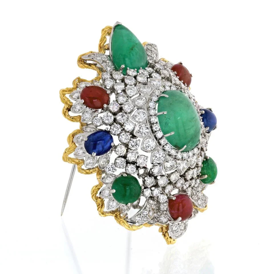 1970's Platinum & 18K Yellow Gold Diamonds, Rubies, Emeralds And Sapphires Heraldic Brooch - The Back Vault