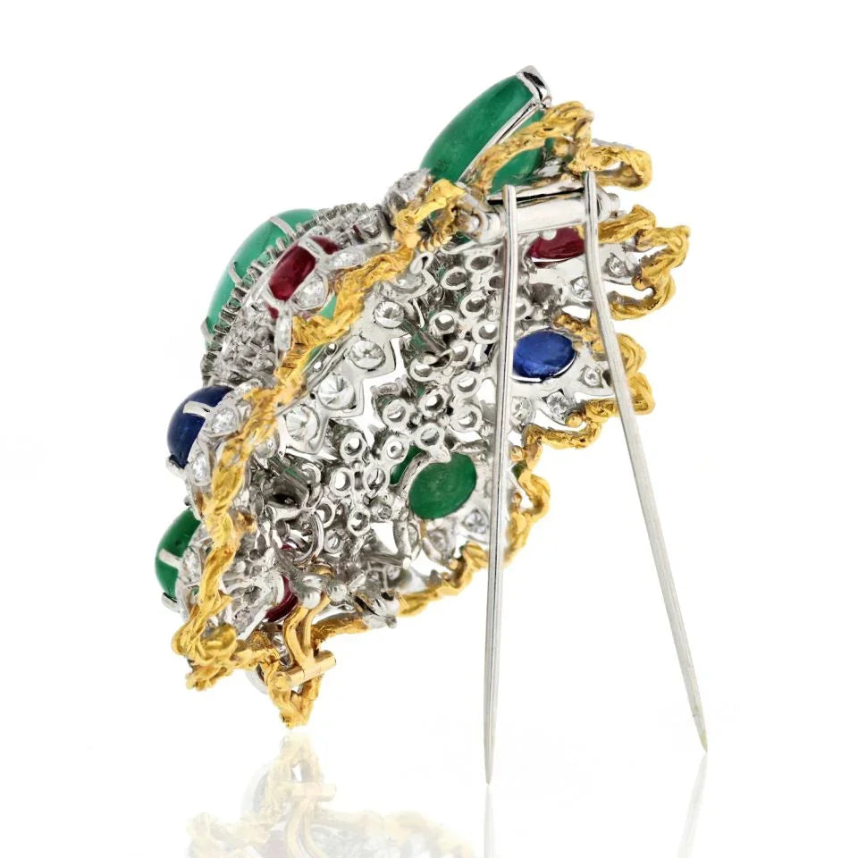 1970's Platinum & 18K Yellow Gold Diamonds, Rubies, Emeralds And Sapphires Heraldic Brooch - The Back Vault