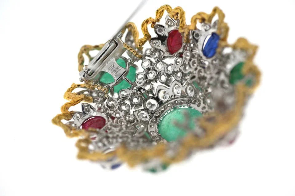 1970's Platinum & 18K Yellow Gold Diamonds, Rubies, Emeralds And Sapphires Heraldic Brooch - The Back Vault
