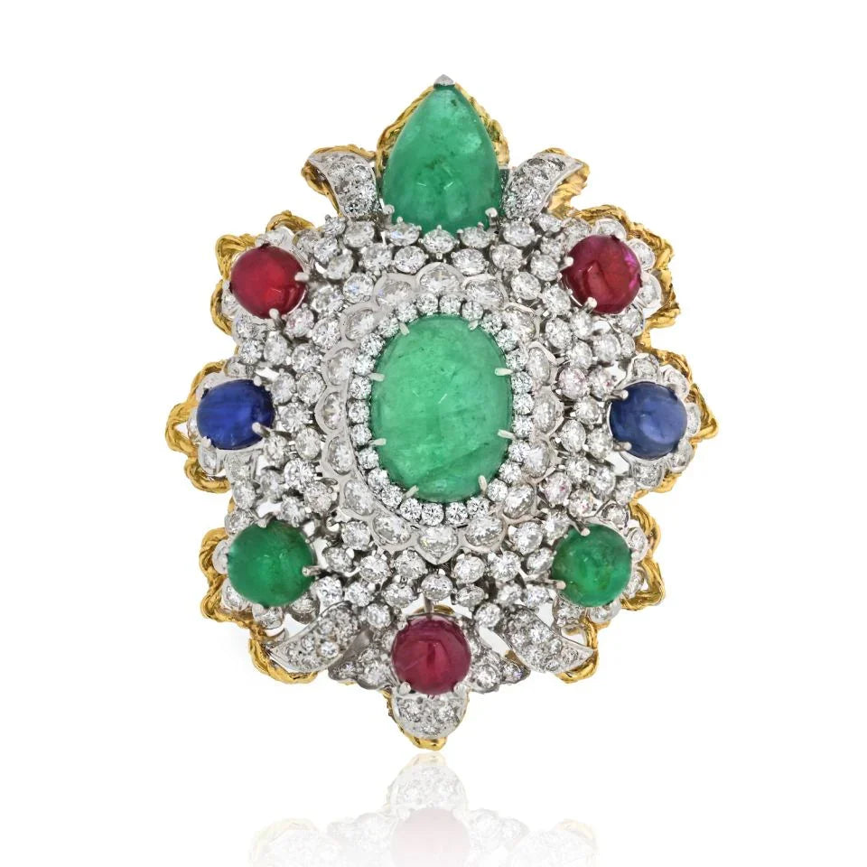 1970's Platinum & 18K Yellow Gold Diamonds, Rubies, Emeralds And Sapphires Heraldic Brooch - The Back Vault