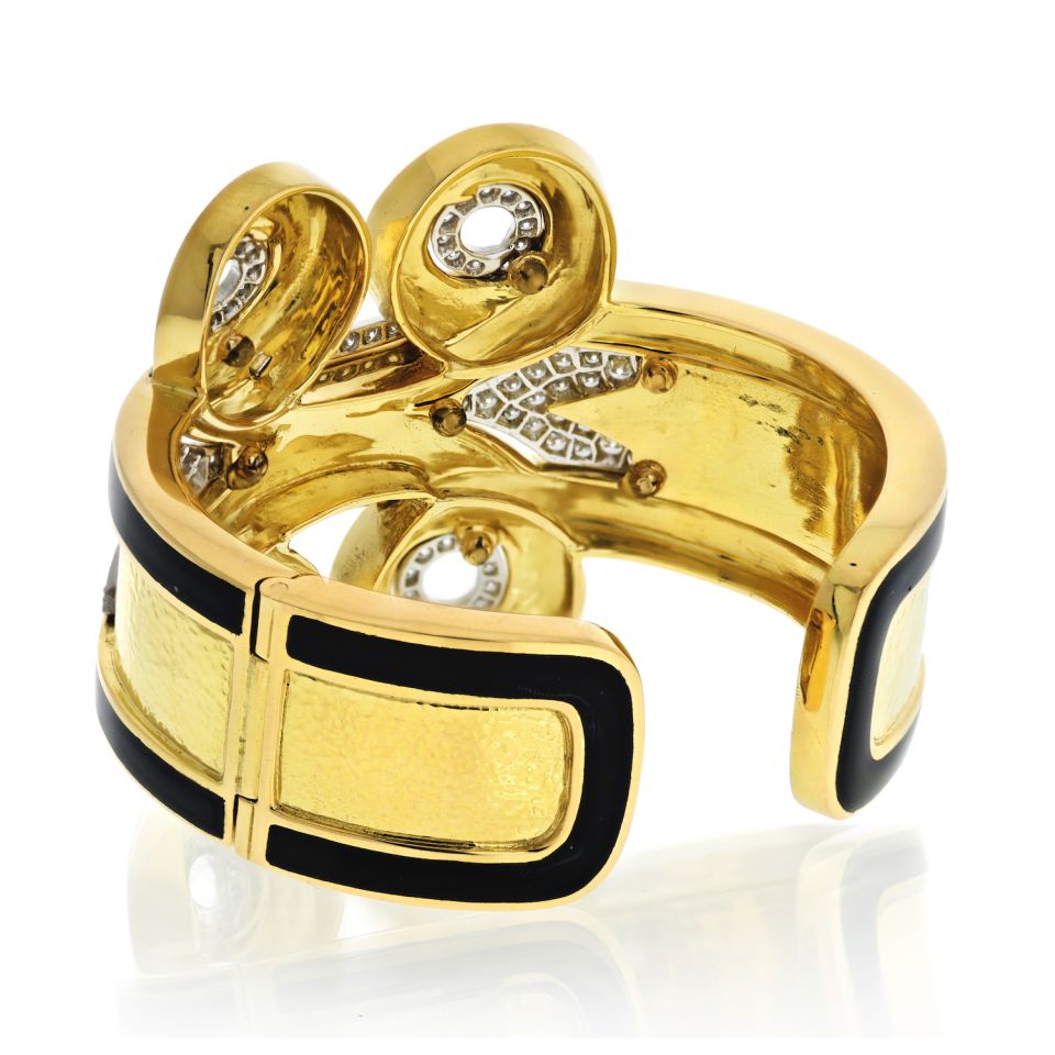 David Webb Platinum & 18K Yellow Gold Arabesque Black Enamel Diamond Cuff Bangle Bracelet