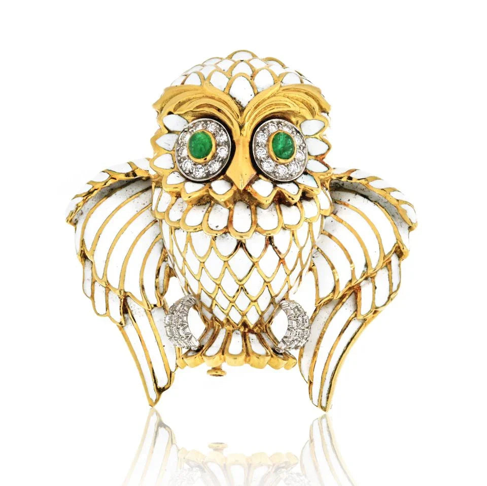 David Webb Platinum & 18K Yellow Gold White Enamel Owl Brooch - The Back Vault