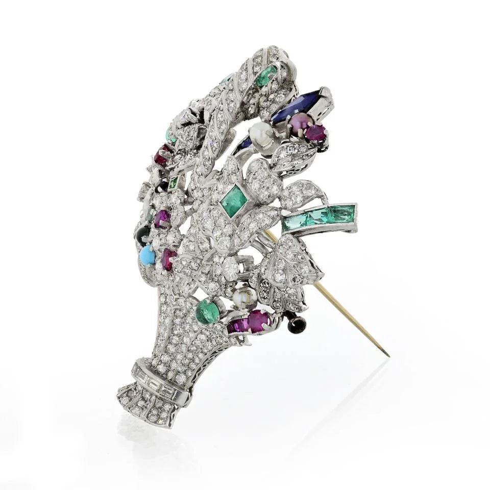 1950's Platinum Multi-color Gemstone And Diamond Brooch - The Back Vault