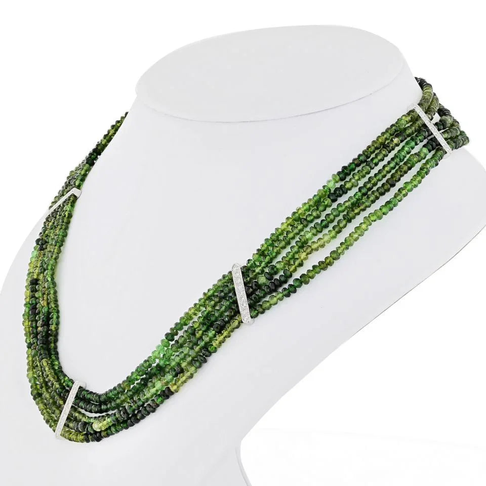 Platinum Beaded Green Tourmalene And Diamond Strand Necklace - The Back Vault