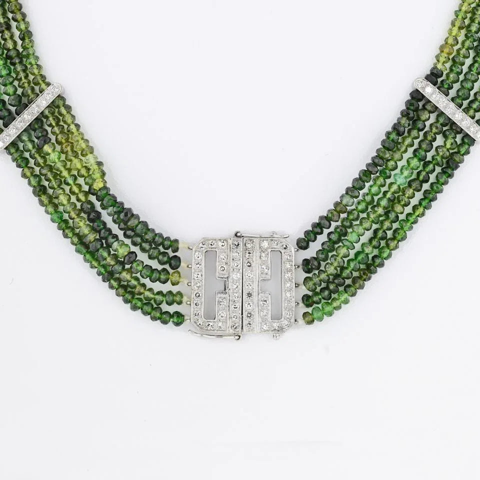 Platinum Beaded Green Tourmalene And Diamond Strand Necklace - The Back Vault