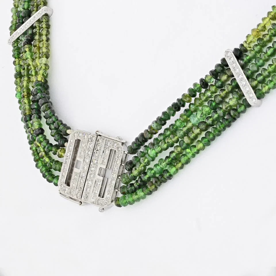 Platinum Beaded Green Tourmalene And Diamond Strand Necklace - The Back Vault