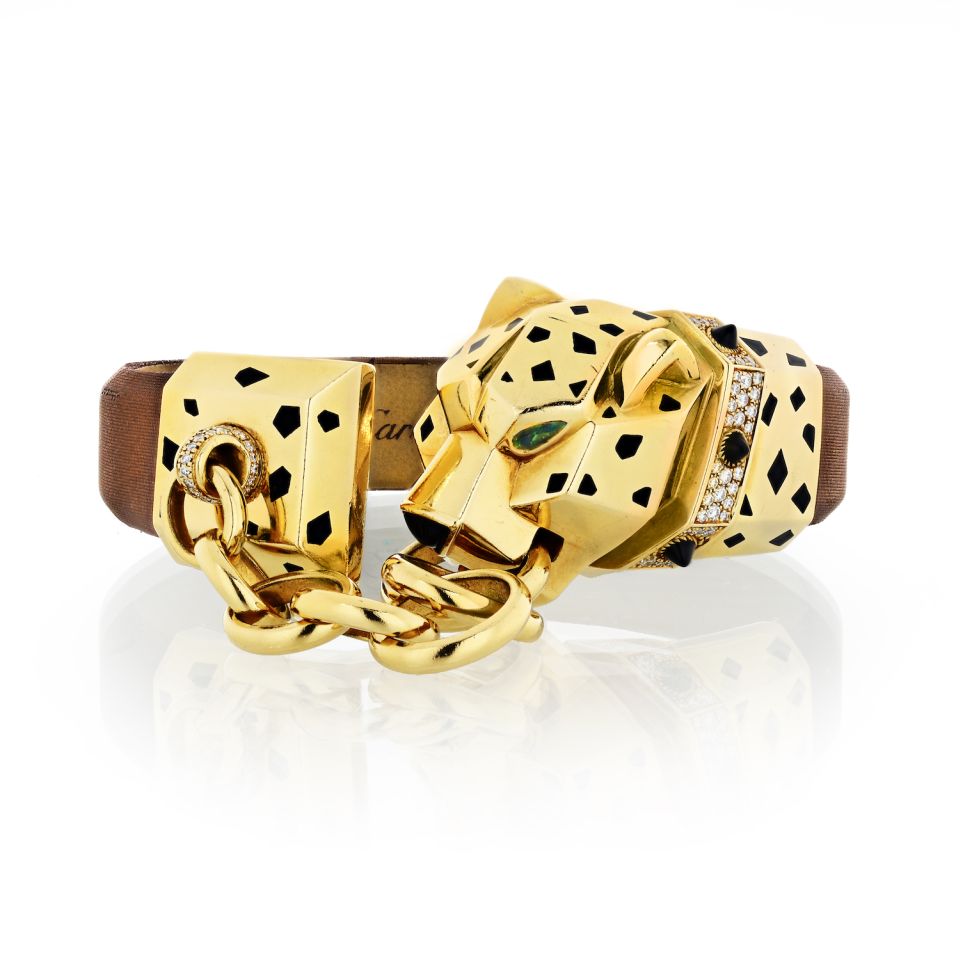 Cartier - 18K Yellow Gold Hematite Double Panthere Cuff Bracelet
