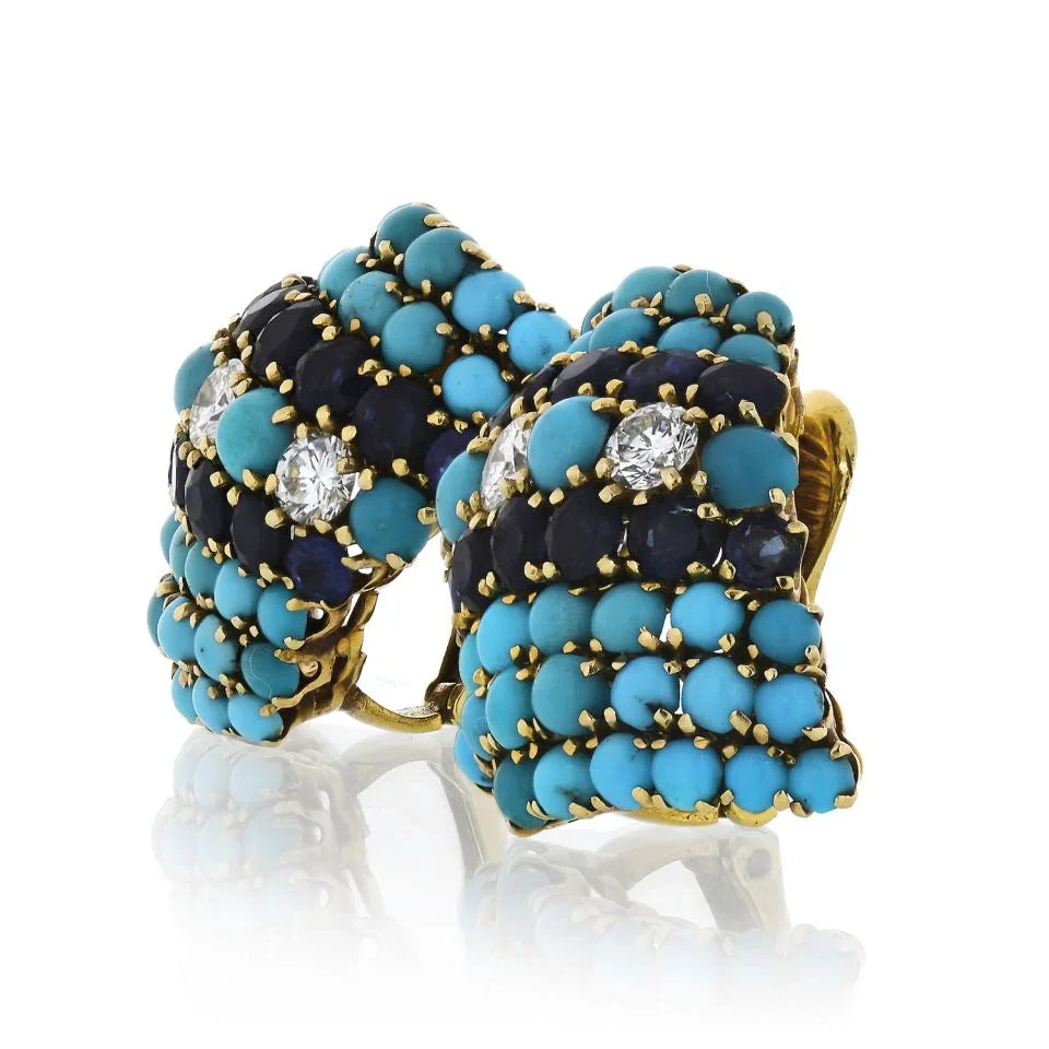 David Webb 1960's Turquoise, Sapphire And 1.50cts Diamonds Earrings - The Back Vault