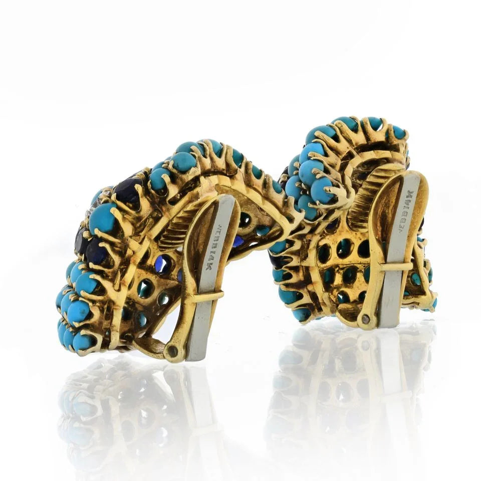 David Webb 1960's Turquoise, Sapphire And 1.50cts Diamonds Earrings - The Back Vault
