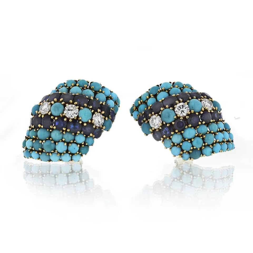 David Webb 1960's Turquoise, Sapphire And 1.50cts Diamonds Earrings - The Back Vault