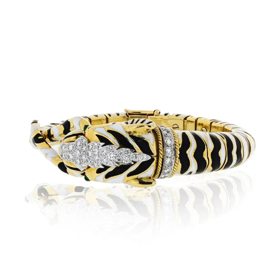David Webb Tiger Platinum & 18K Yellow Gold Enamel Stripped Bracelet - The Back Vault