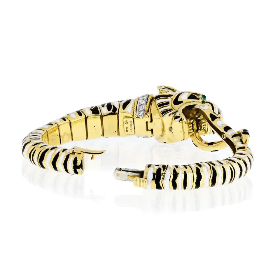 David Webb Tiger Platinum & 18K Yellow Gold Enamel Stripped Bracelet - The Back Vault