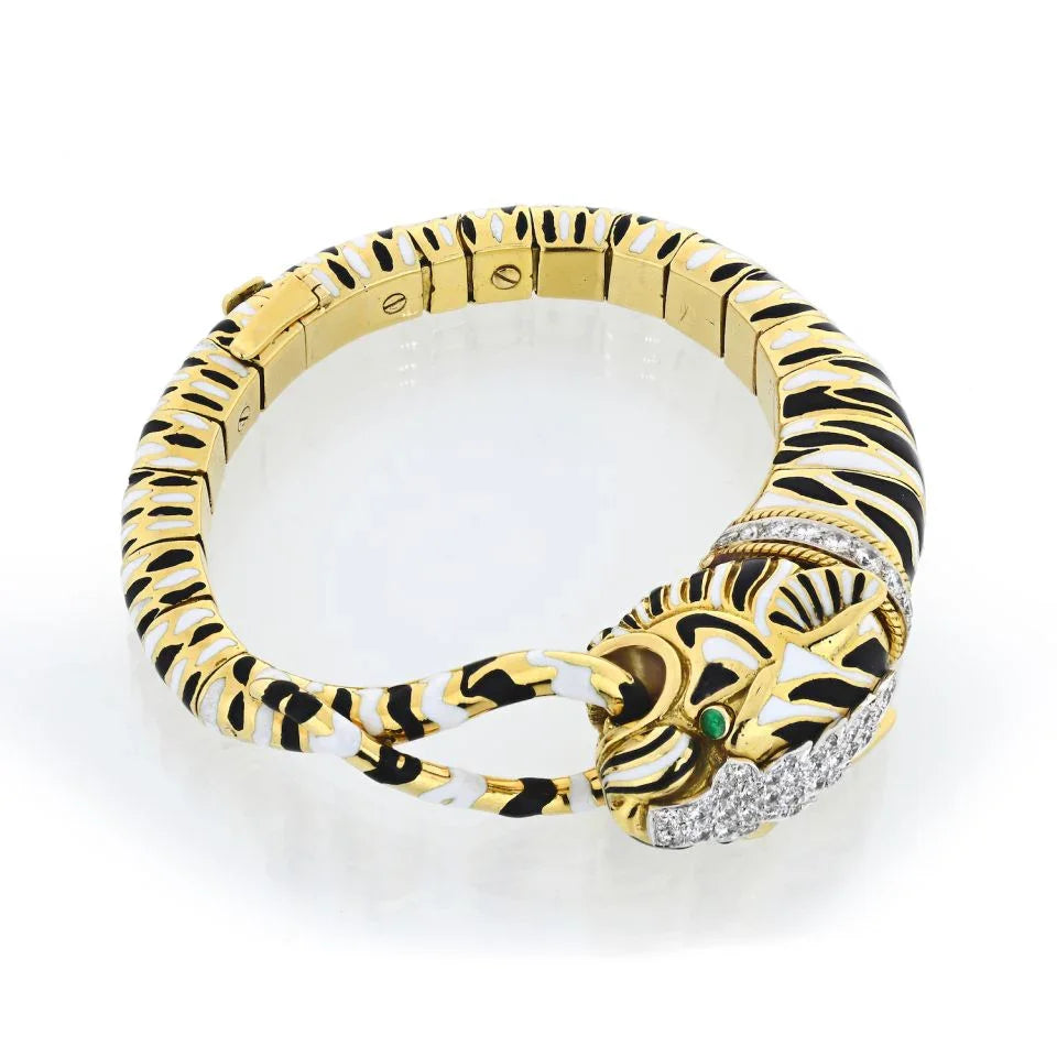 David Webb Tiger Platinum & 18K Yellow Gold Enamel Stripped Bracelet - The Back Vault