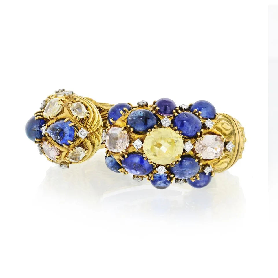 David Webb 18K Yellow Gold Diamond, Colored Sapphire Bracelet - The Back Vault
