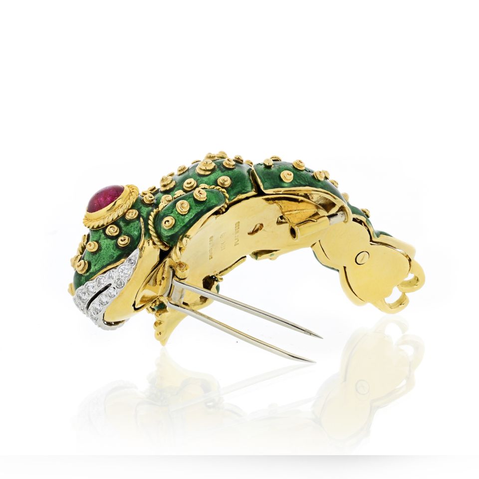 David Webb Tadpole Platinum & 18K Yellow Gold Green Enamel, Ruby Eyes, Diamond Lips Brooch